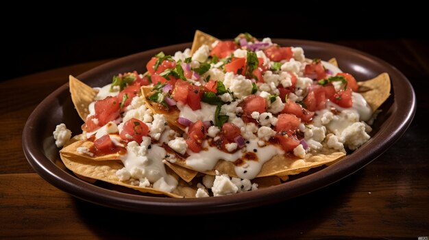 Plato de nachos con tomates cebollas y queso