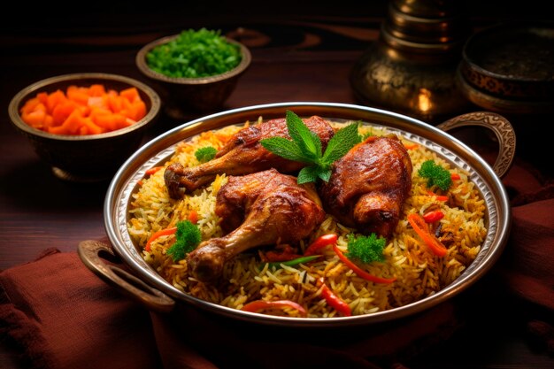 El plato nacional de Arabia Saudita, pollo kabsa con arroz mandi sobre una mesa de madera