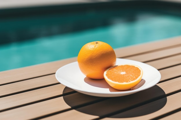 Un plato con una naranja junto a una piscina.