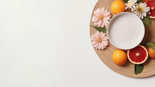 Un plato con naranjas y flores.