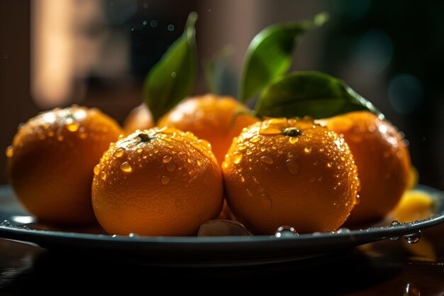 Un plato de naranjas con gotas de agua sobre ellas