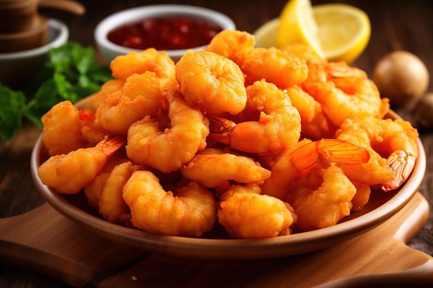 un plato negro Batter frito camarones crujientes aperitivo enfoque selectivo sobre fondo de madera