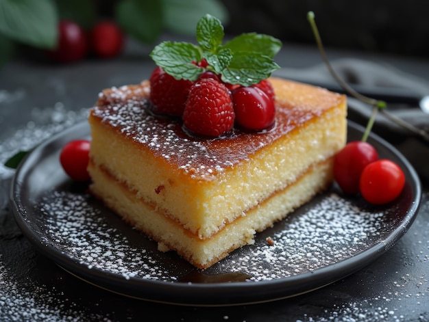 Un plato negro contiene un pastel Una deliciosa rebanada de pastel con bayas frescas se sienta seductoramente en un plato