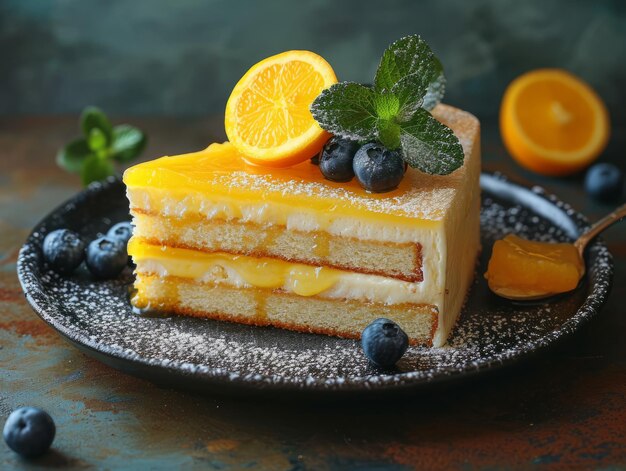 Un plato negro contiene un pastel Un tentador pedazo de pastel descansa en un plato junto a arándanos vibrantes y rebanadas de naranja refrescantes