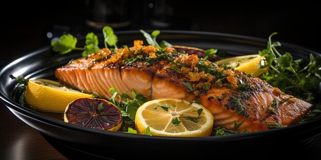 Un plato negro cubierto con rebanadas de salmón y limón