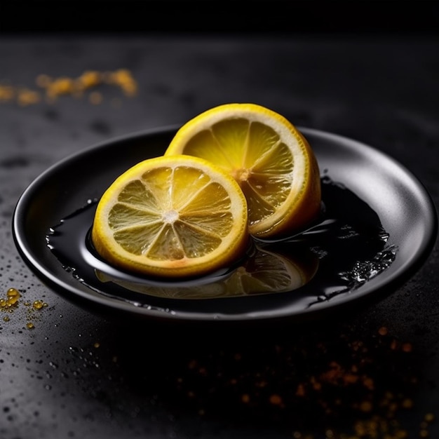 Un plato negro con limones y un fondo negro con ralladura de naranja.