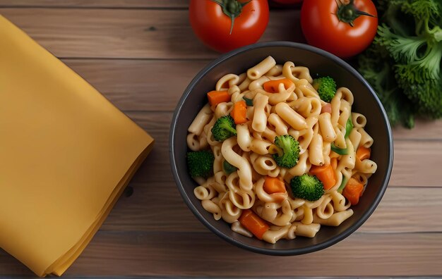 Foto un plato negro de macarrones sabrosos con un pañuelo de tomates al lado de él en fondo de madera