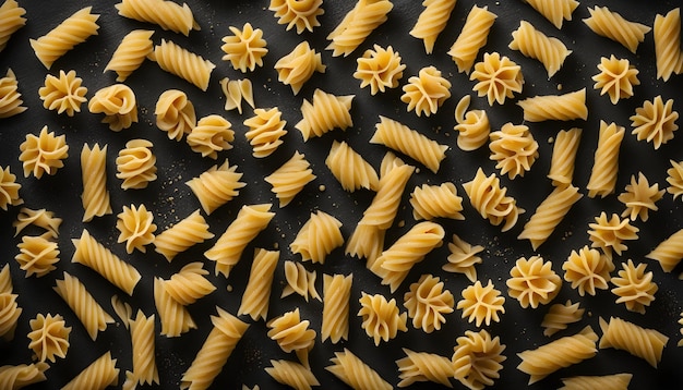 un plato negro con pasta en él y un fondo negro