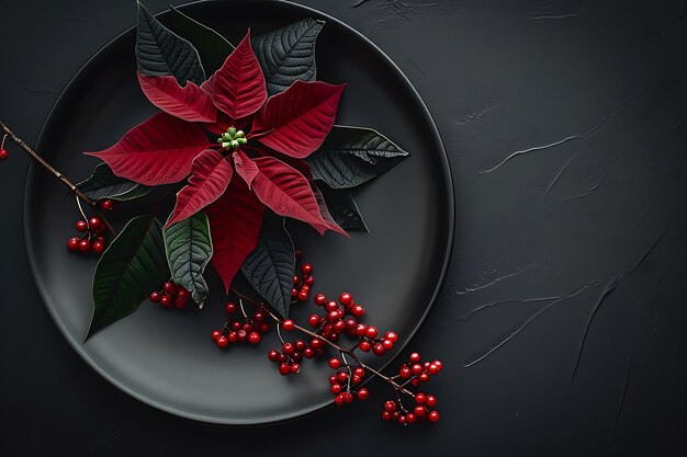 Plato negro con Poinsettia negra y decoraciones navideñas