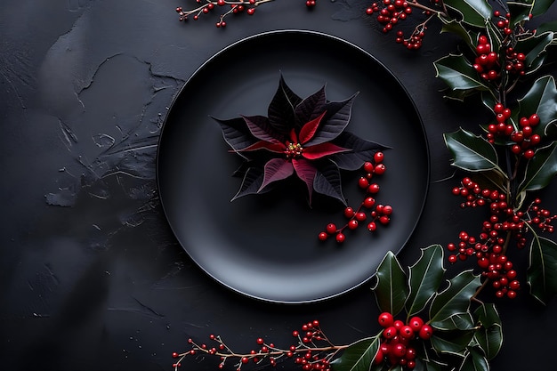 Plato negro con poinsettias negras y decoraciones festivas