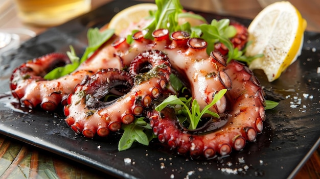 Foto un plato negro tiene un pulpo perfectamente asado