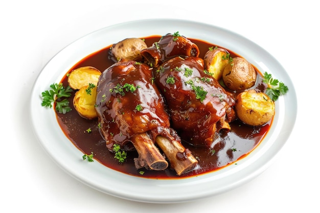 Un plato con nudillo de cerdo marinado en salsa de vino servido con patatas al horno