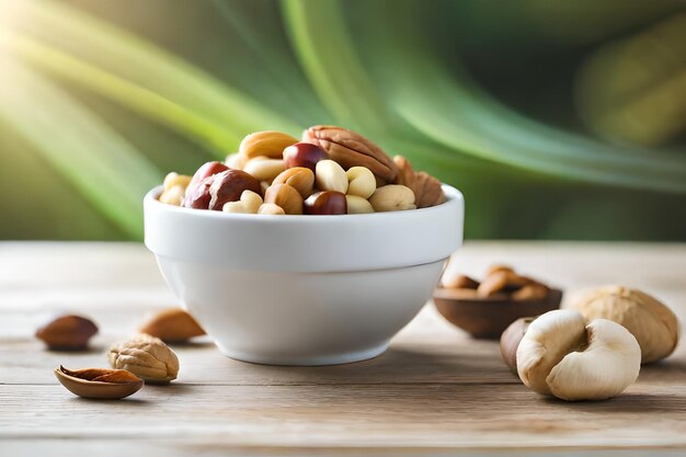 un plato de nueces con almendras y almendras sobre una mesa.