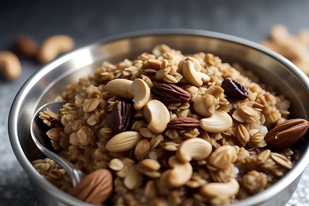 un plato de nueces y almendras con una cuchara en él