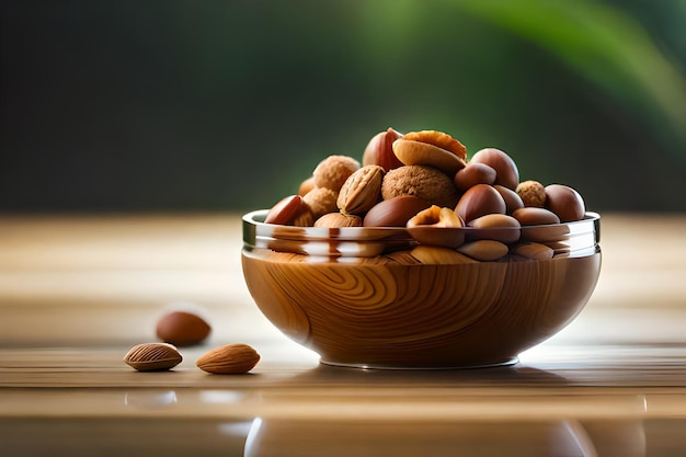 un plato de nueces y almendras en una mesa.