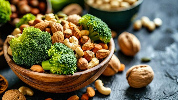 Un plato de nueces y brócoli en la mesa