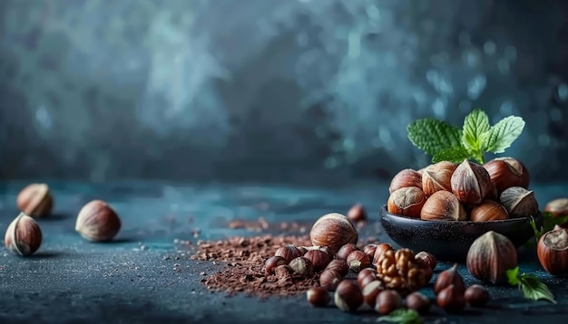 un plato de nueces con una hoja verde