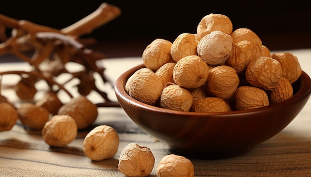 Foto un plato de nueces con una mano sosteniendo una nuez