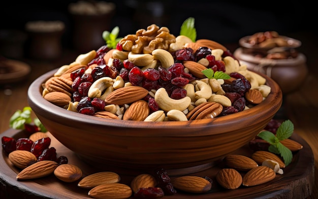 Un plato de nueces y nueces con un plato de nubes en la mesa.