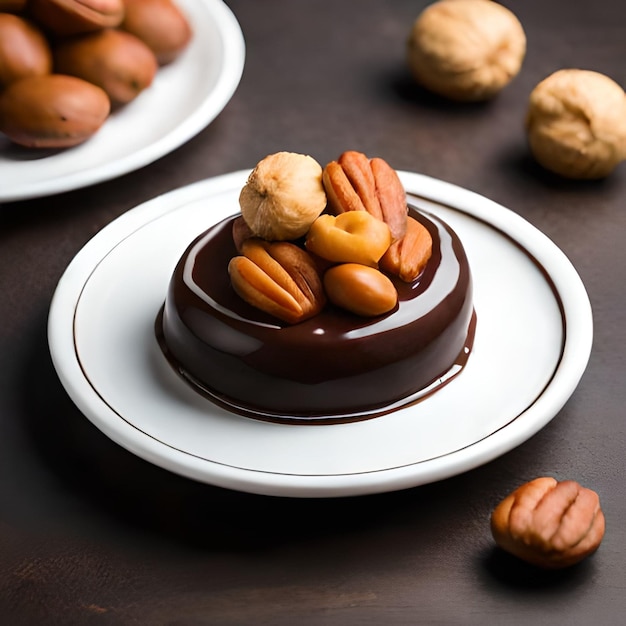 Un plato de nueces y pecanas está sobre una mesa.