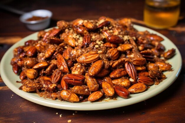 un plato de nueces tostadas con una taza de café al fondo.