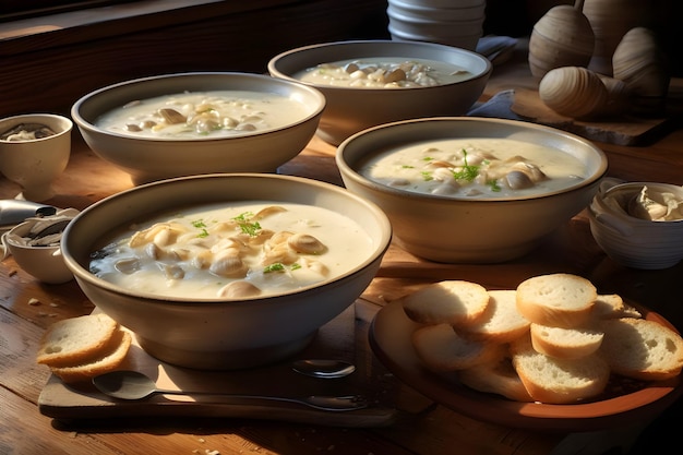 Plato de Nueva Inglaterra Creamy Calm Chowder con almejas patatas y hierbas Ai Generado