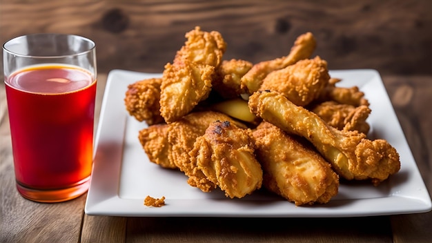 Un plato de nuggets de pollo junto a un vaso de salsa roja.