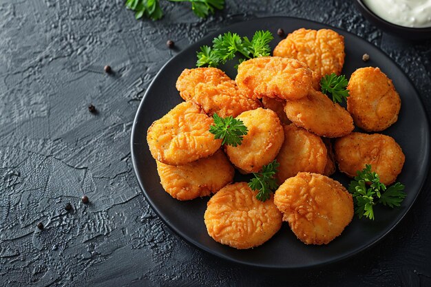 Un plato de nuggets de pollo con ketchup en un fondo oscuro