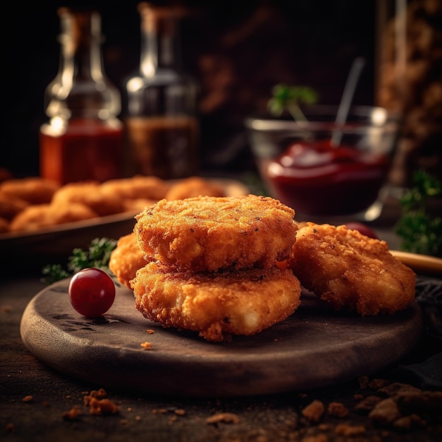 Un plato de nuggets de pollo con salsa de tomate al lado