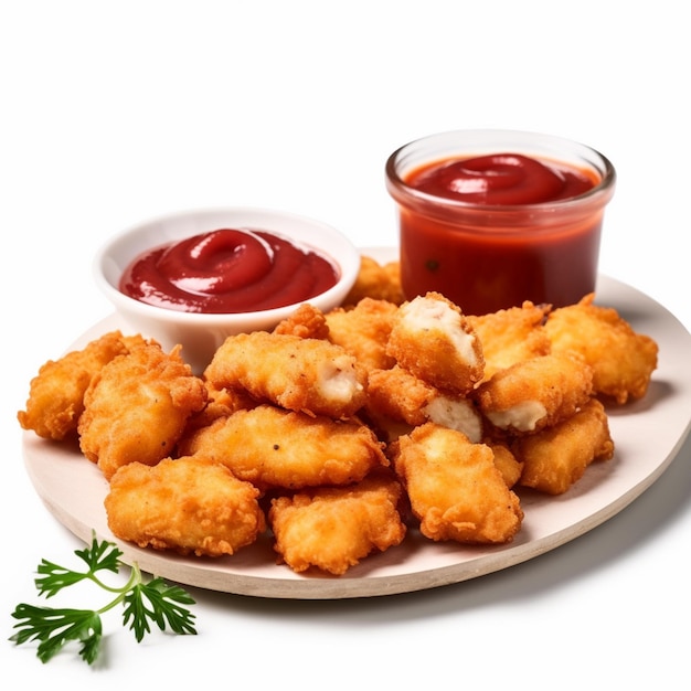 Un plato de nuggets de pollo con salsa de tomate