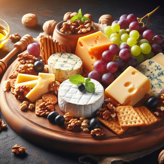 Plato o tablero de queso con una variedad de galletas de queso, nueces y uvas