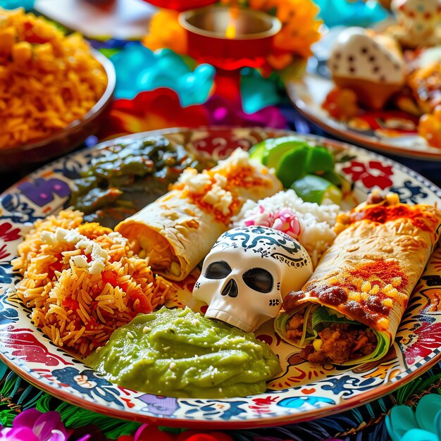 Foto plato de ofrendas de comida mexicano dia de muertos día de los muertos acuarela frontera