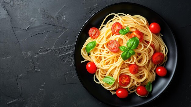 Foto plato oscuro con espagueti italiano sobre un fondo oscuro