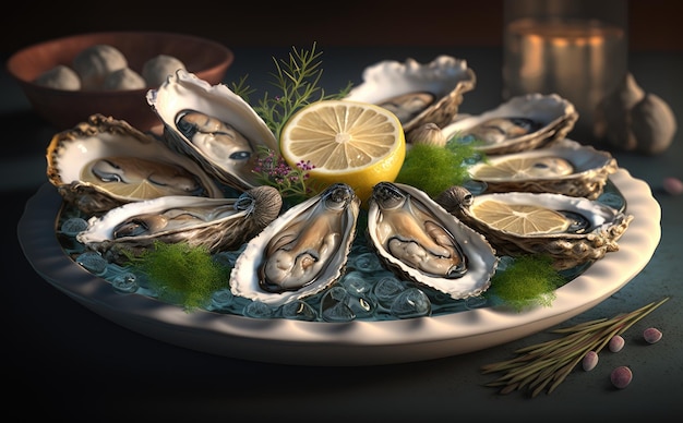 Un plato de ostras en hielo con limón en el fondo. mariscos. cena fresca cara. IA generado