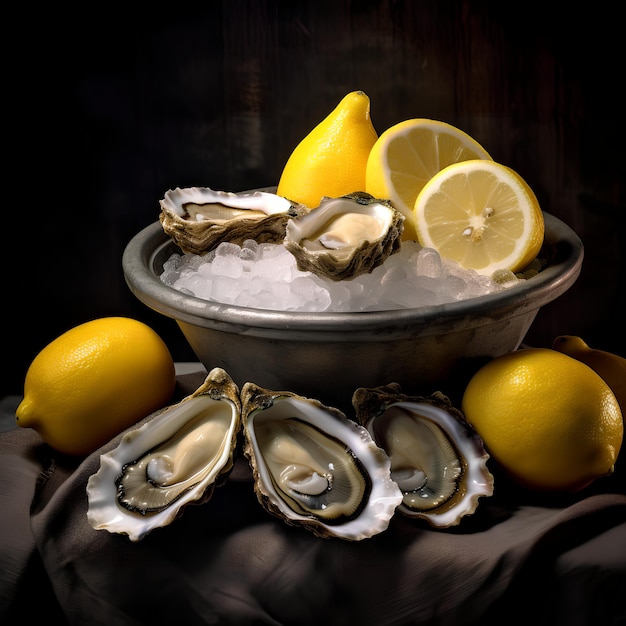 Un plato de ostras con limones y hielo encima.