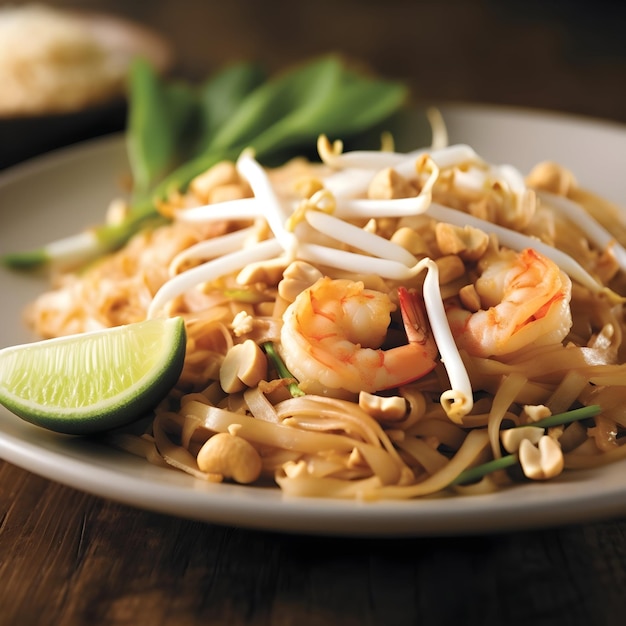 Un plato de pad thai con una rodaja de limón verde al lado.