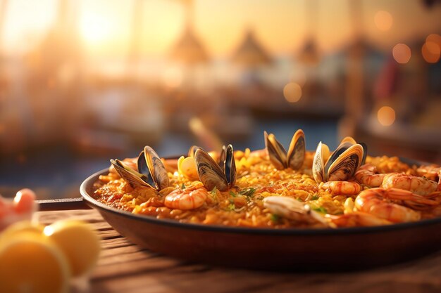 Un plato de paella lleno de mariscos