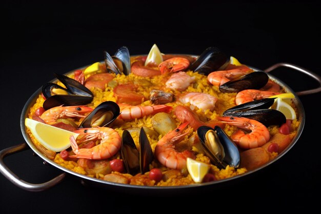 Un plato de paella con mariscos y limones