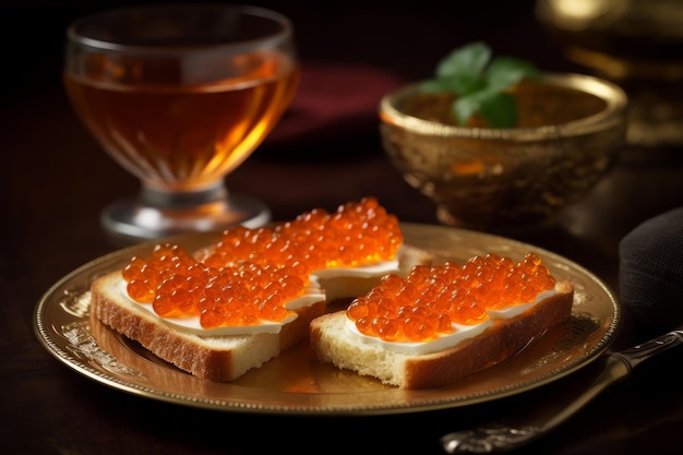 Un plato de pan tostado con caviar rojo.