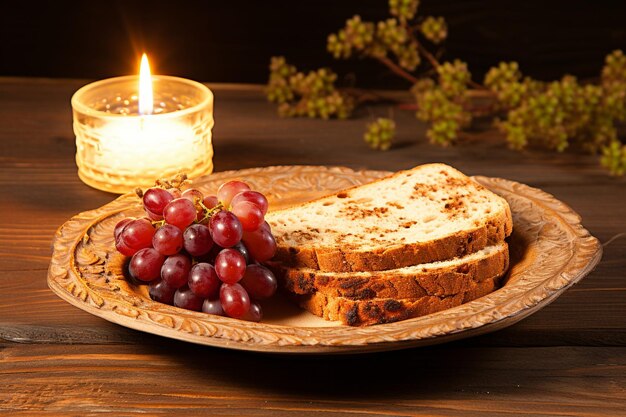 Un plato con pan y uvas está al lado de un plato con una vela