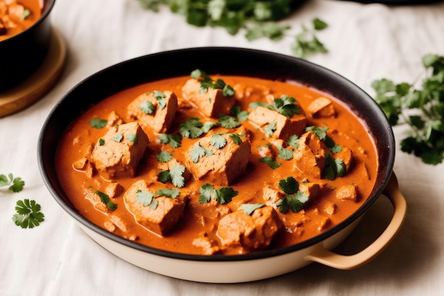 Un plato de paneer curry con hojas de cilantro al lado