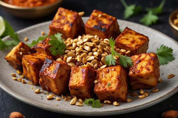 Un plato de paneer tikka adornado con cacahuetes triturados