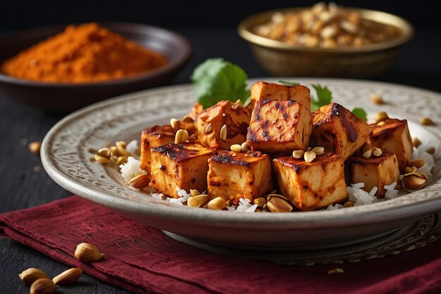 Foto un plato de paneer tikka adornado con cacahuetes triturados