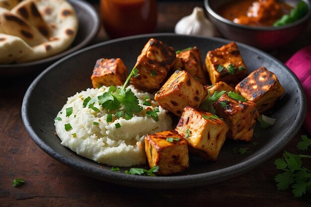 Un plato de paneer tikka servido con ajo esponjoso