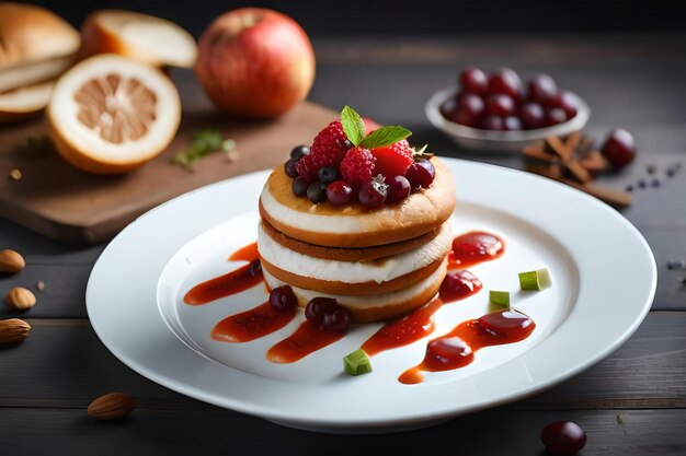 Un plato de panqueques con bayas y crema