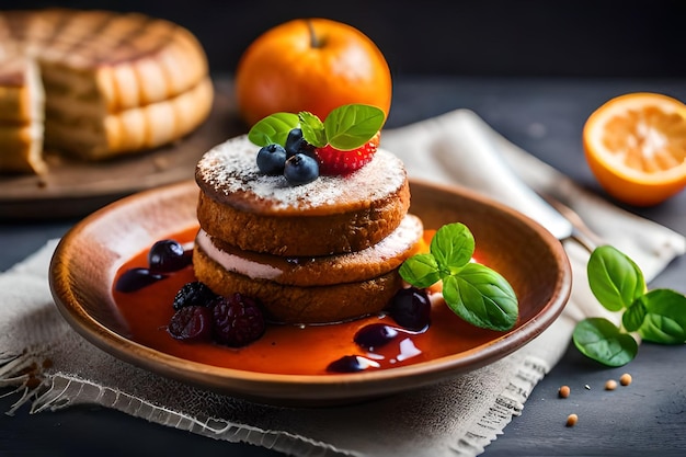 un plato de panqueques con bayas y un plato de fruta encima