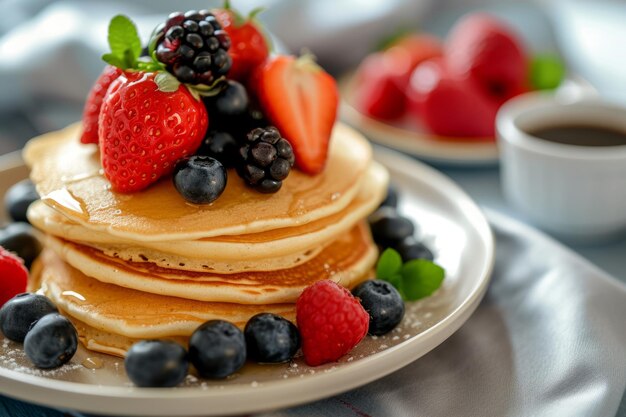 Plato de panqueques clásicos con bayas frescas desayuno de verano saludable IA generativa