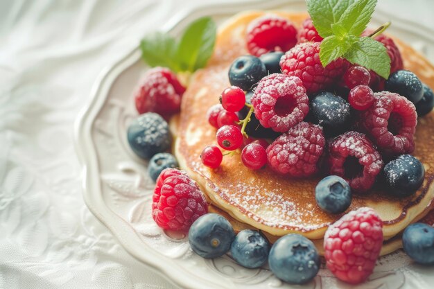 Plato de panqueques clásicos con bayas frescas desayuno de verano saludable IA generativa