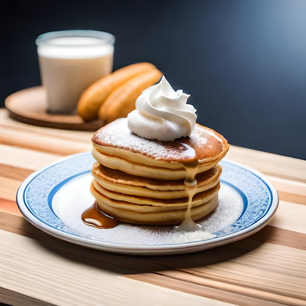 Un plato de panqueques con crema batida y un vaso de leche.