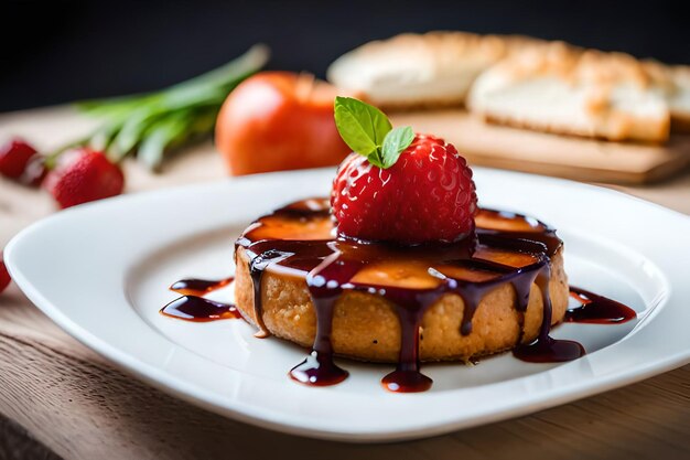 un plato de panqueques con una fresa en la parte superior